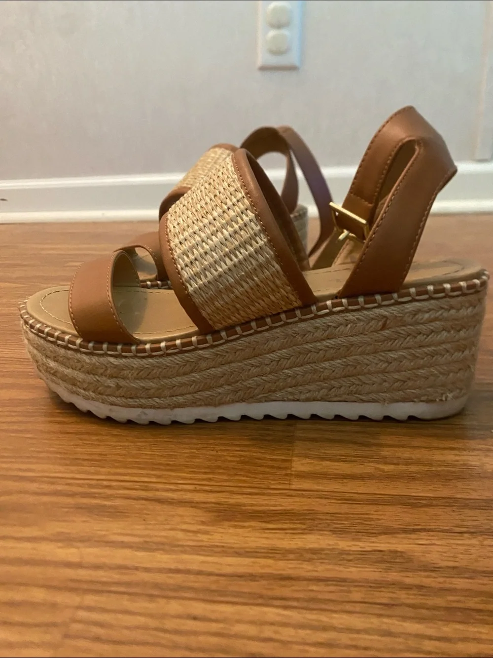 Soda Cognac Tan Woven Espadrille Wedge Sandals